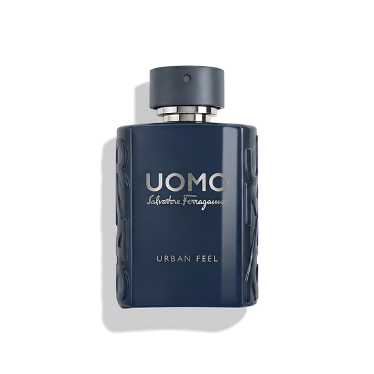 Bottle of Ferragamo Urban Feel EDT fragrance on a white background with soft shadow
