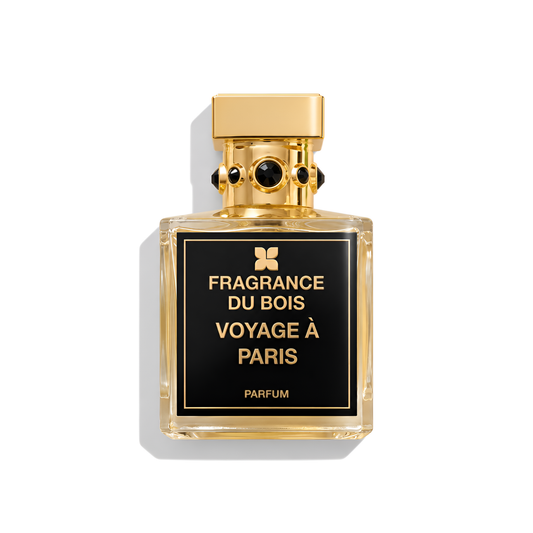 Bottle of Fragrance Du Bois Voyage a Paris Parfum fragrance on a white background with soft shadow