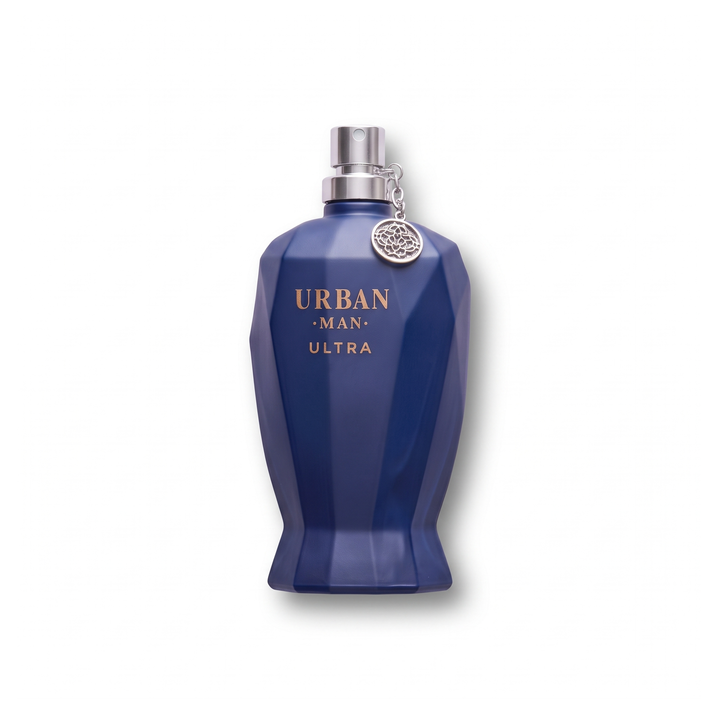 Bottle of Fragrance World Urban Man Ultra EDP fragrance on a white background with soft shadow