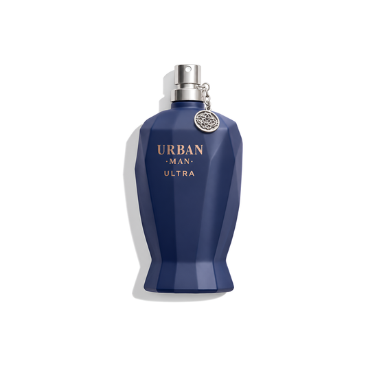 Bottle of Fragrance World Urban Man Ultra EDP fragrance on a white background with soft shadow