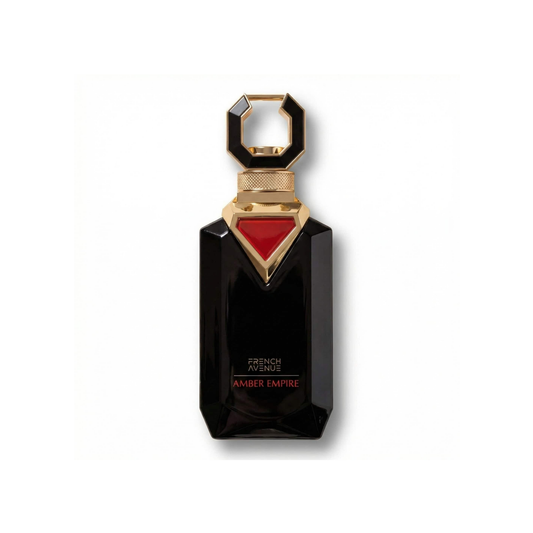 Bottle of French Avenue Amber Empire Extrait fragrance on a white background with soft shadow