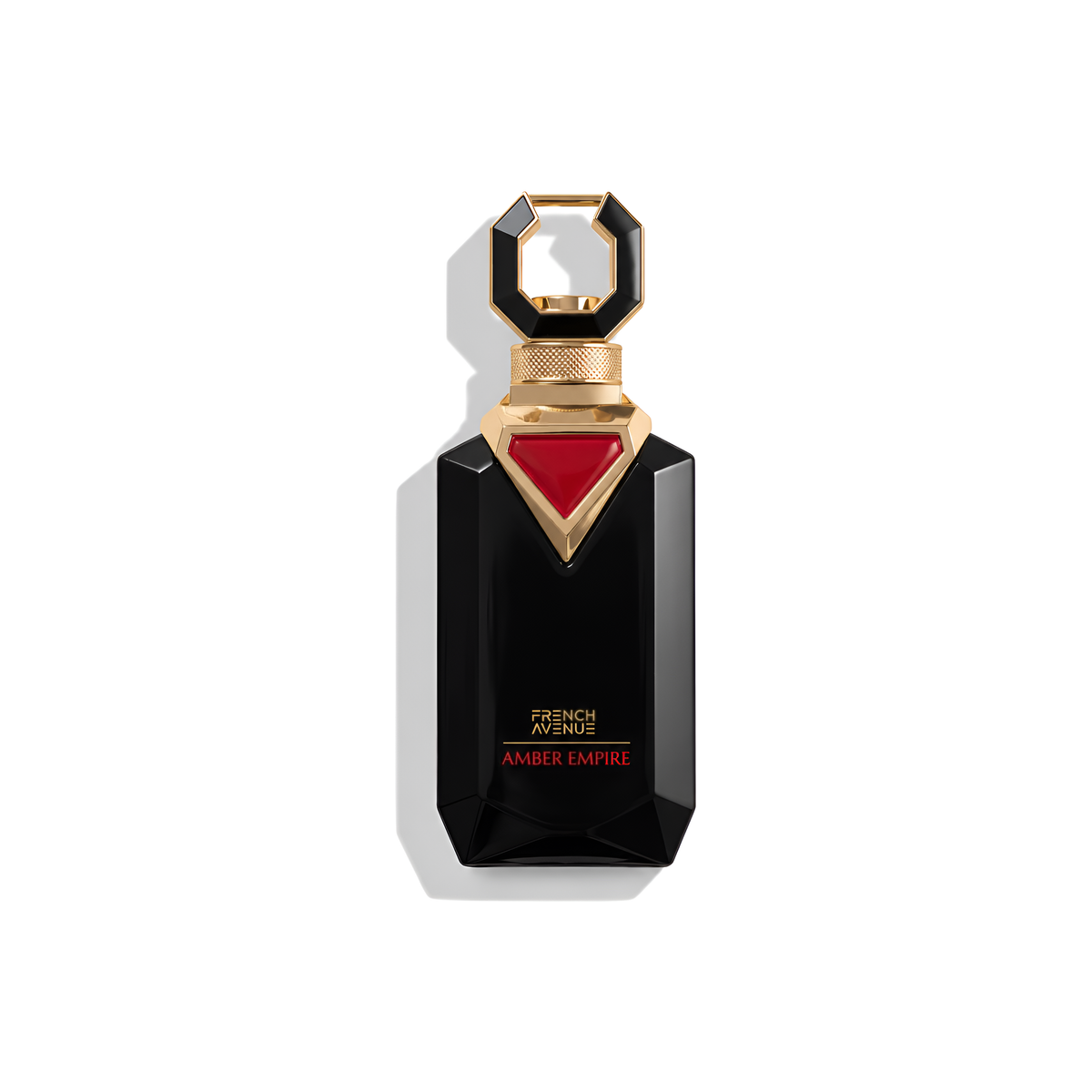 Bottle of French Avenue Amber Empire Extrait fragrance on a white background with soft shadow