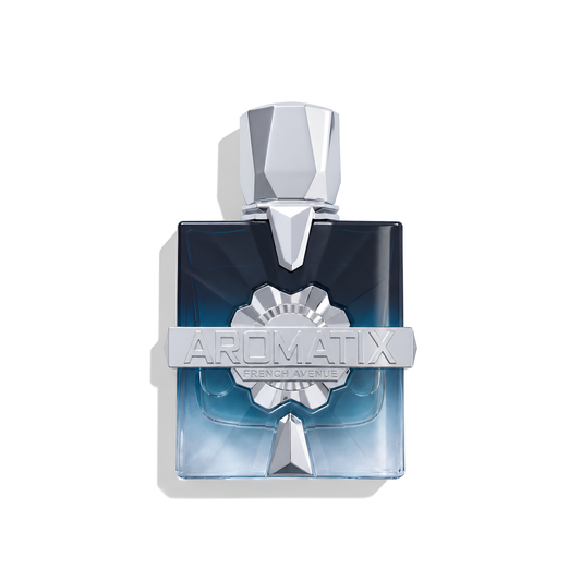 Bottle of French Avenue Aromatix X Frostbite Extrait fragrance on a white background with soft shadow