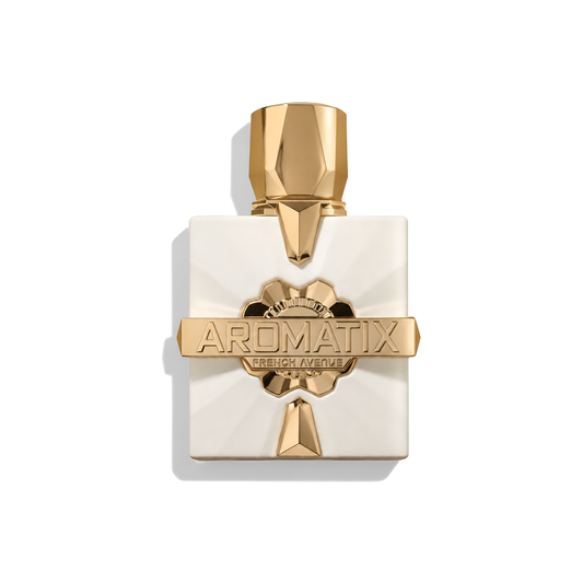 Bottle of French Avenue Aromatix x Platine Blanc Extrait fragrance on a white background with soft shadow