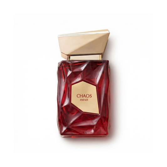 Bottle of French Avenue Chaos Extrait fragrance on a white background with soft shadow