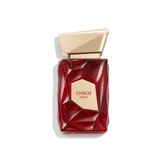 Bottle of French Avenue Chaos Extrait fragrance on a white background with soft shadow