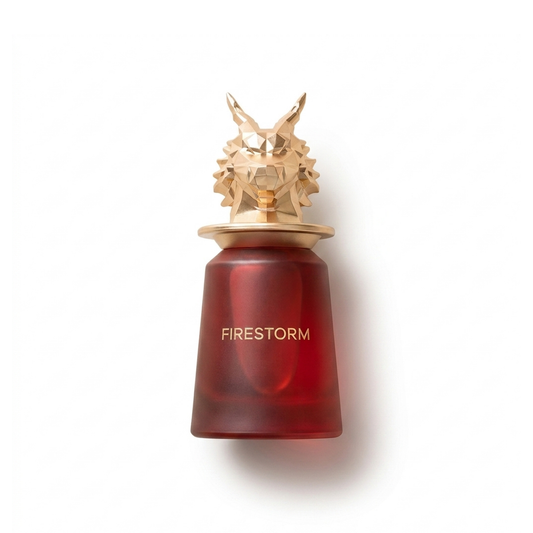 Bottle of French Avenue Firestorm Extrait fragrance on a white background with soft shadow