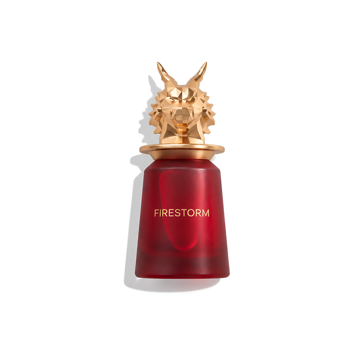 Bottle of French Avenue Firestorm Extrait fragrance on a white background with soft shadow