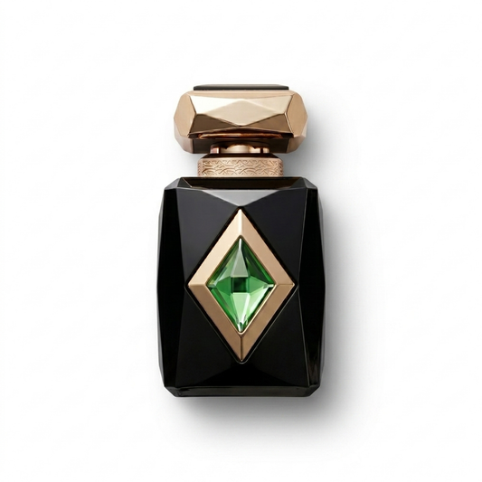 Bottle of French Avenue Iris Patchouli Extrait fragrance on a white background with soft shadow
