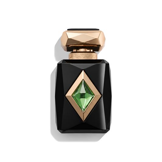 Bottle of French Avenue Iris Patchouli Extrait fragrance on a white background with soft shadow