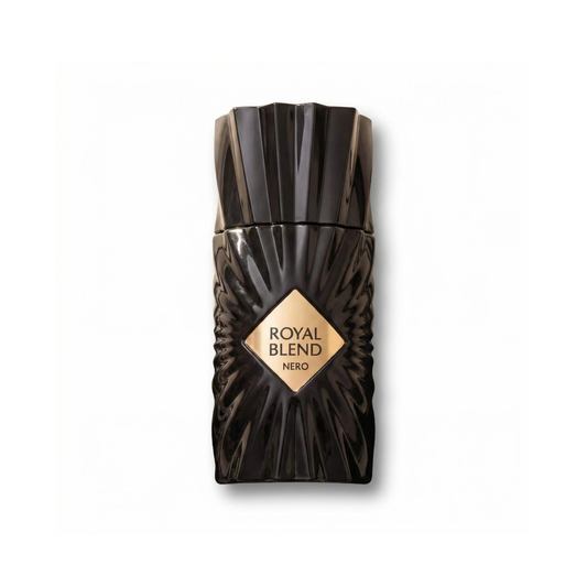 Bottle of French Avenue Royal Blend Nero Extrait fragrance on a white background with soft shadow