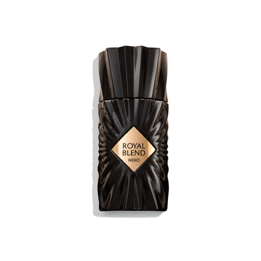 Bottle of French Avenue Royal Blend Nero Extrait fragrance on a white background with soft shadow