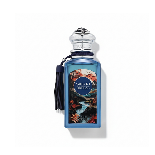 Bottle of French Avenue Safari Breeze Extrait fragrance on a white background with soft shadow