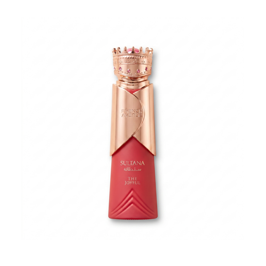 Bottle of French Avenue Sultana The Joyful EDP fragrance on a white background with soft shadow