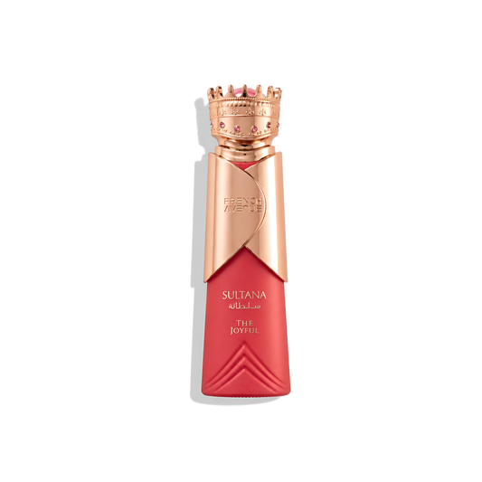 Bottle of French Avenue Sultana The Joyful EDP fragrance on a white background with soft shadow