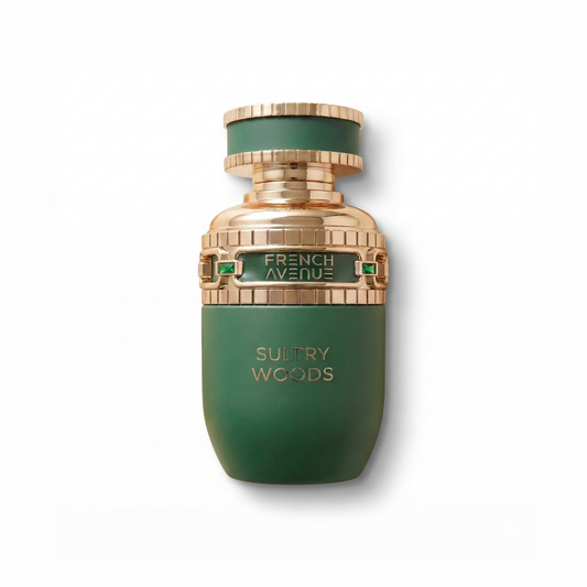 Bottle of French Avenue Sultry Woods EDP fragrance on a white background with soft shadow