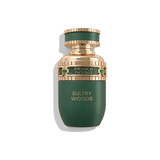 Bottle of French Avenue Sultry Woods EDP fragrance on a white background with soft shadow