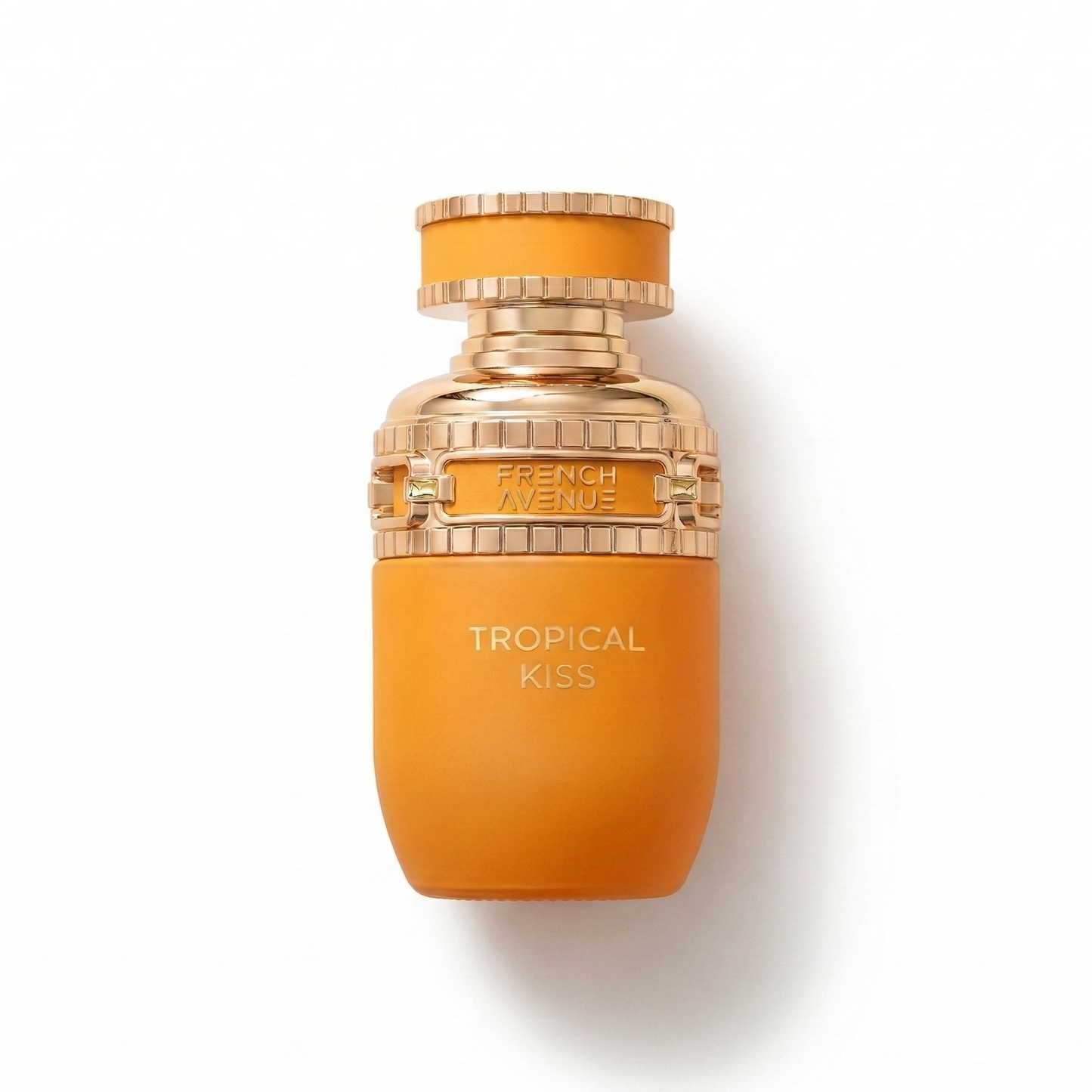 Bottle of French Avenue Tropical Kiss EDP fragrance on a white background with soft shadow