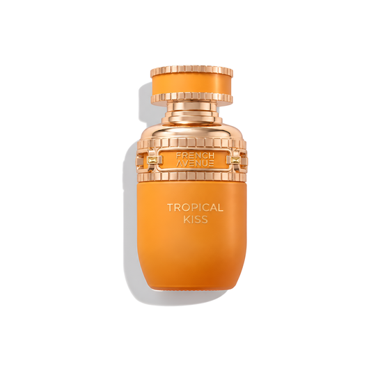 Bottle of French Avenue Tropical Kiss EDP fragrance on a white background with soft shadow