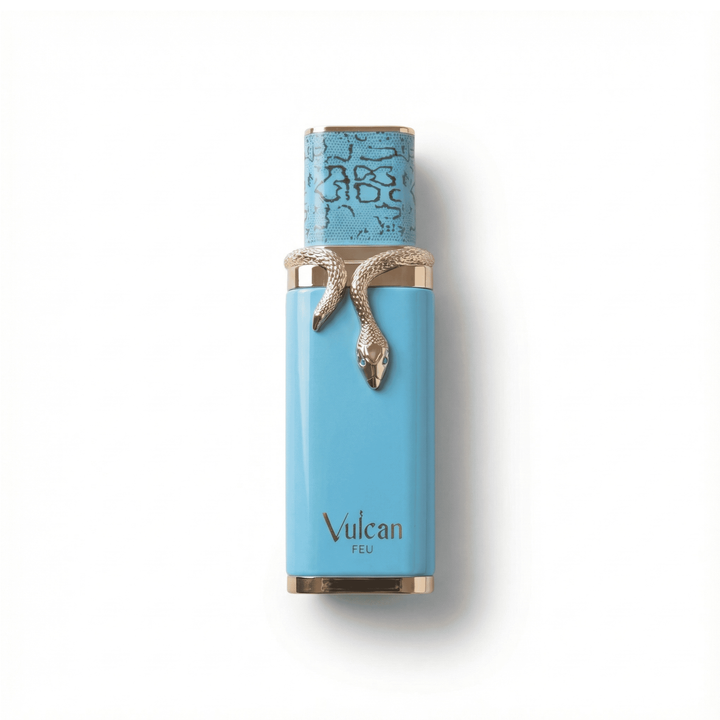 Bottle of French Avenue Vulcan Feu Extrait fragrance on a white background with soft shadow