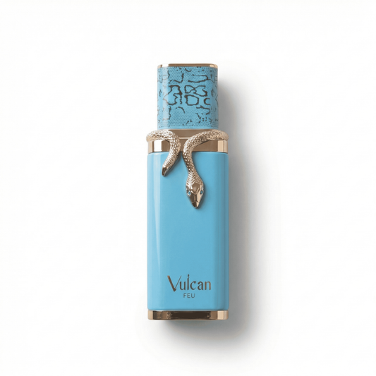 Bottle of French Avenue Vulcan Feu Extrait fragrance on a white background with soft shadow
