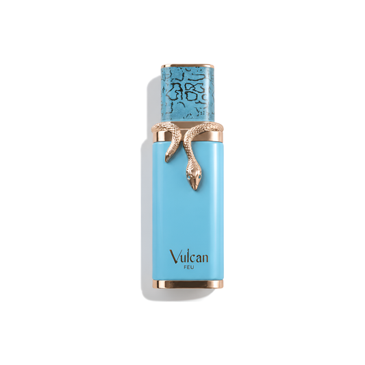 Bottle of French Avenue Vulcan Feu Extrait fragrance on a white background with soft shadow