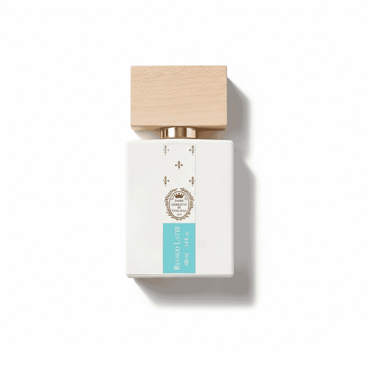 Bottle of Giardini di Toscana Bianco Latte EDP fragrance on a white background with soft shadow