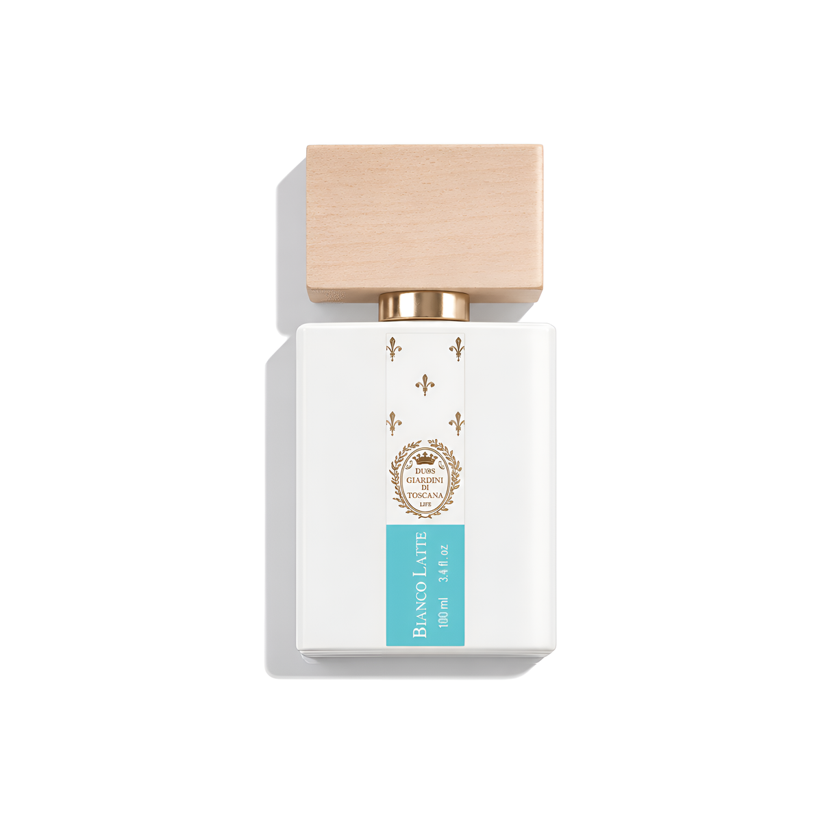 Bottle of Giardini di Toscana Bianco Latte EDP fragrance on a white background with soft shadow