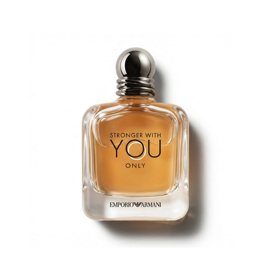 Bottle of Giorgio Armani Stronger With You Only EDT fragrance on a white background with soft shadow