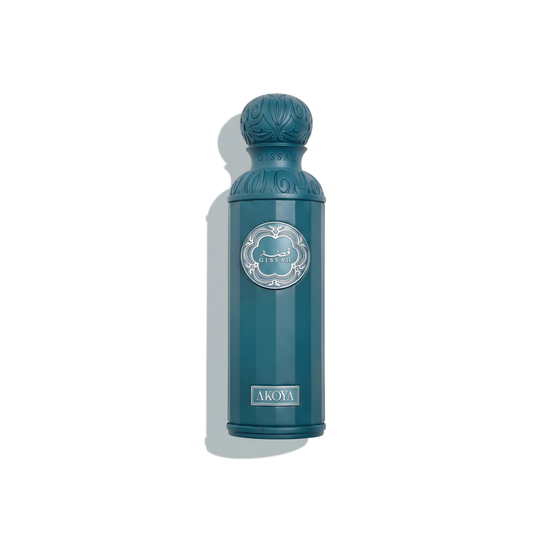 Bottle of Gissah Akoya EDP fragrance on a white background with soft shadow