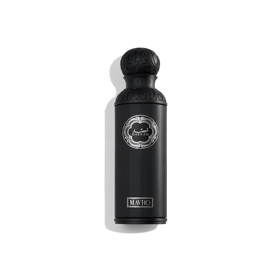 Bottle of Gissah Mavro EDP fragrance on a white background with soft shadow