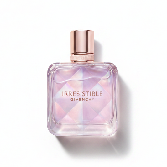Bottle of Givenchy Irresistible Nectar fragrance on a white background with soft shadow