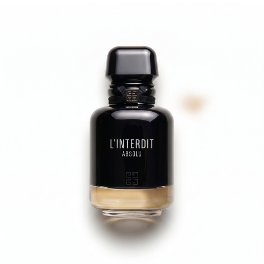 Bottle of Givenchy L'Interdit Absolu fragrance on a white background with soft shadow