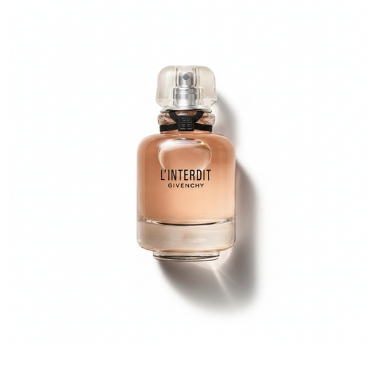 Bottle of Givenchy L'Interdit EDP fragrance on a white background with soft shadow