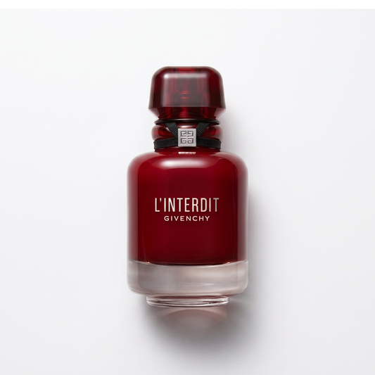Bottle of Givenchy L'Interdit Rouge EDP fragrance on a white background with soft shadow