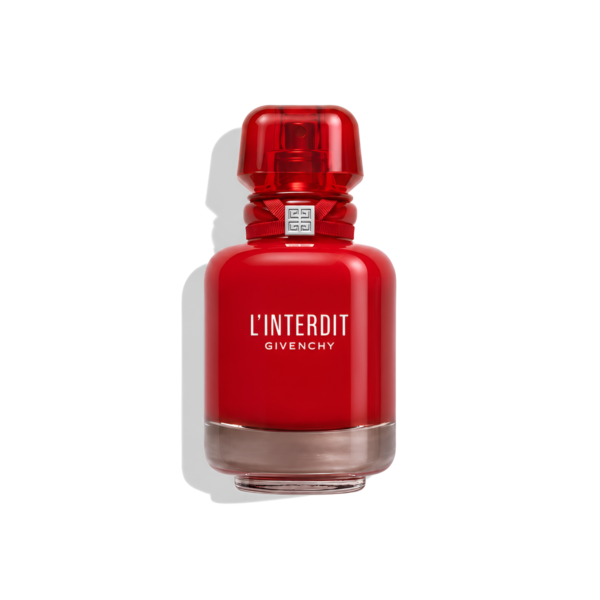 Bottle of Givenchy L'Interdit Rouge Ultime EDP fragrance on a white background with soft shadow