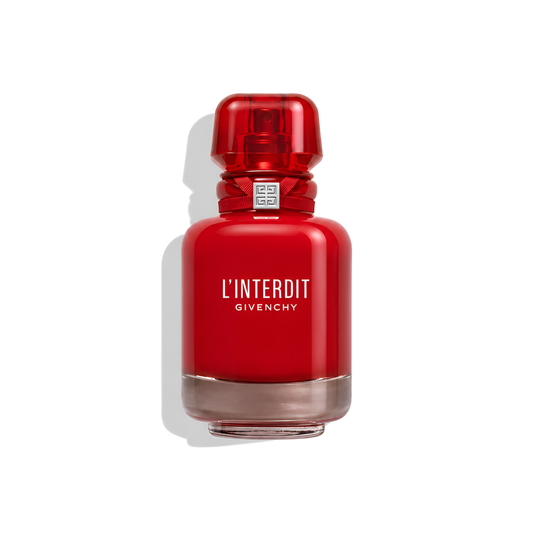 Bottle of Givenchy L'Interdit Rouge Ultime EDP fragrance on a white background with soft shadow