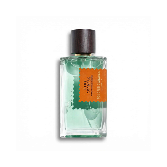 Bottle of Goldfield & Banks Blue Cypress EDP fragrance on a white background with soft shadow