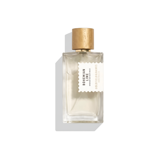 Bottle of Goldfield & Banks Bohemian Lime EDP fragrance on a white background with soft shadow