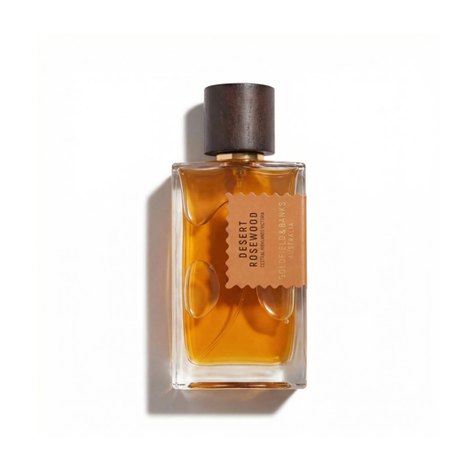 Bottle of Goldfield & Banks Desert Rosewood EDP fragrance on a white background with soft shadow