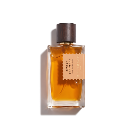 Bottle of Goldfield & Banks Desert Rosewood EDP fragrance on a white background with soft shadow
