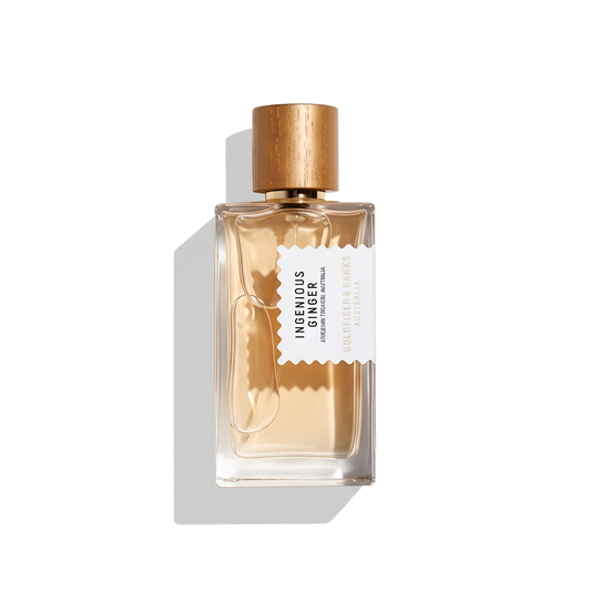 Bottle of Goldfield & Banks Ingenious Ginger EDP fragrance on a white background with soft shadow