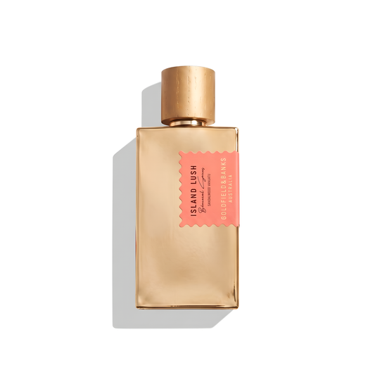 Bottle of Goldfield & Banks Island Lush EDP fragrance on a white background with soft shadow