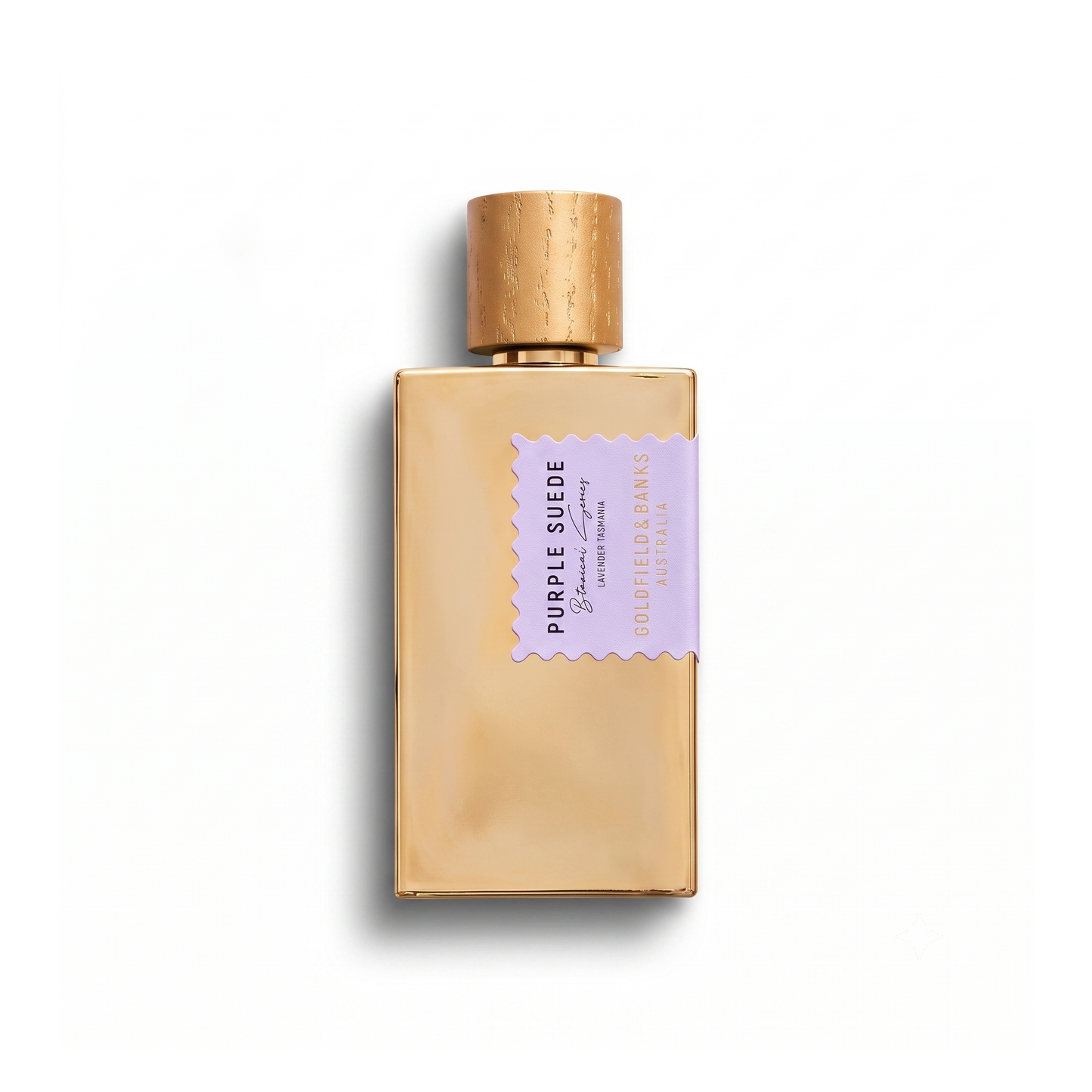 Bottle of Goldfield & Banks Purple Suede EDP fragrance on a white background with soft shadow