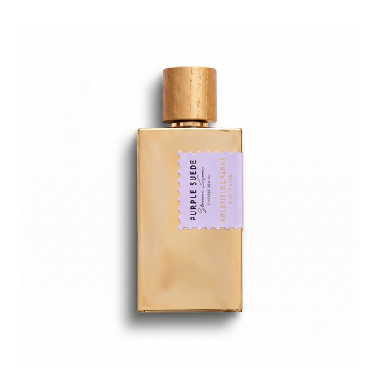 Bottle of Goldfield & Banks Purple Suede EDP fragrance on a white background with soft shadow