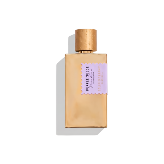 Bottle of Goldfield & Banks Purple Suede EDP fragrance on a white background with soft shadow