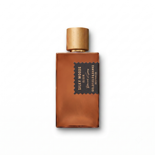 Bottle of Goldfield & Banks Silky Woods Elixir fragrance on a white background with soft shadow