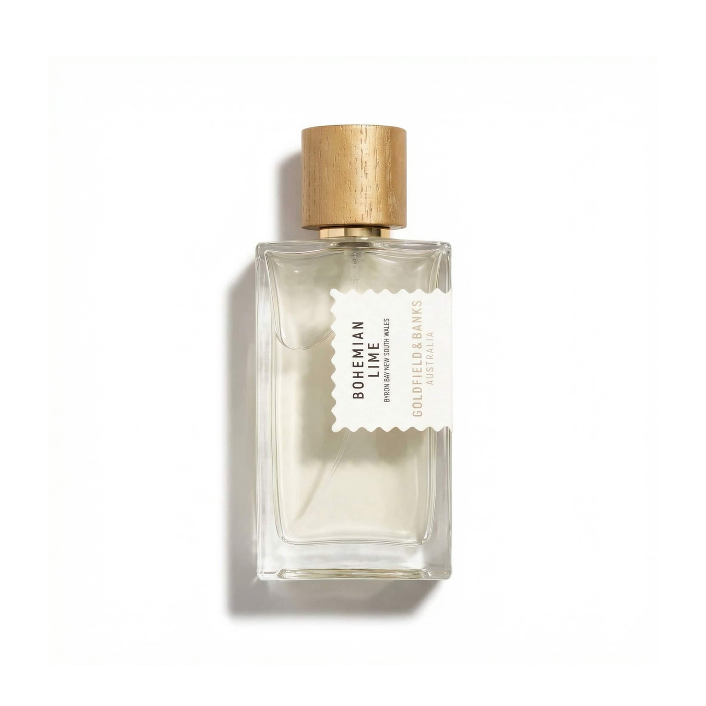 Bottle of Goldfield & Banks Bohemian Lime EDP fragrance on a white background with soft shadow