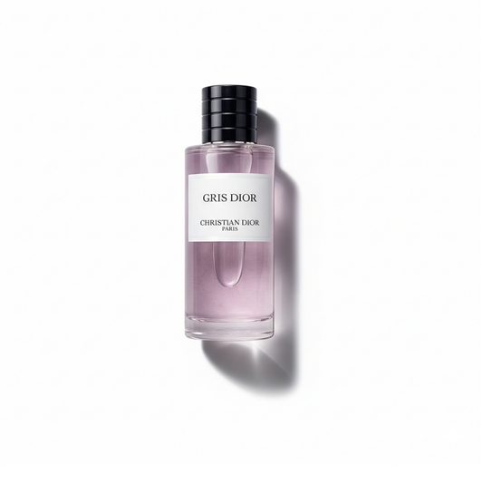 Bottle of Gris Dior EDP fragrance on a white background with soft shadow