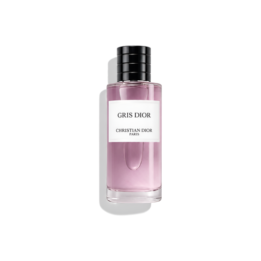 Bottle of Gris Dior EDP fragrance on a white background with soft shadow